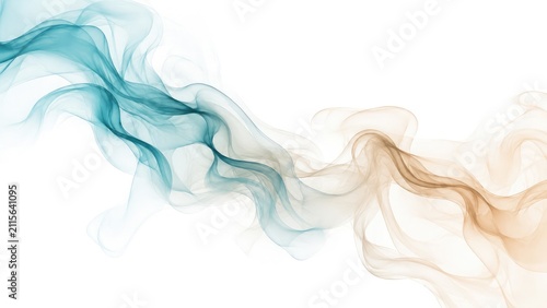 Abstract flowing smoke shapes in teal and beige on a white background elegant swirling vapor trails for artistic design elements
