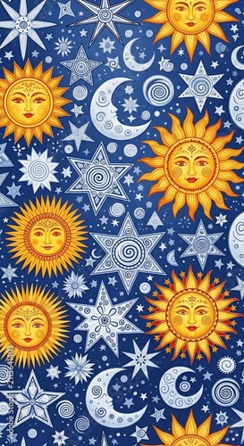 Celestial Dance: Vibrant Suns, Moons, and Stars in a Hand-Drawn Cosmic Tapestry