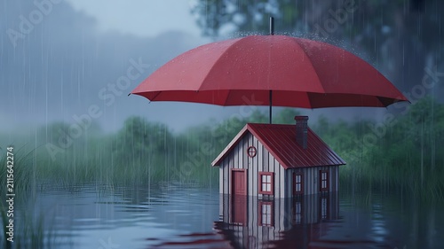 Small wooden house model standing in flood water under a large red umbrella during a heavy rainstorm for home insurance and disaster protection