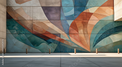 Ultra-realistic eye-level architectural view of a large industrial wall transformed into a sophisticated abstract mural 