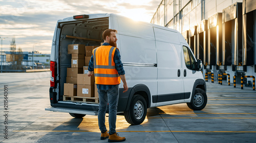 Rear view logistics worker in high visibility vest loading cargo into a white delivery van at a bright warehouse loading dock in natural daylight