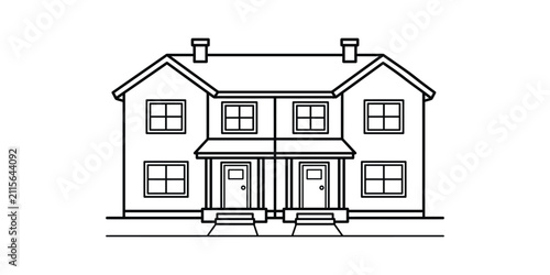 Simple black and white line drawing of a duplex residential house with two front doors