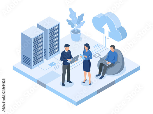 three professionals collaborating in an isometric blue workspace, utilizing modern digital devices to upload essential system data to a centralized cloud server
