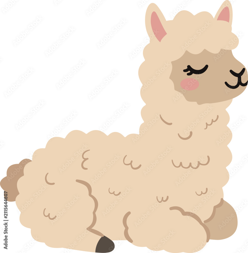 Fototapeta premium Cute Cream Llama Sitting with Closed Sleeping Eyes and Pink Cheeks, Hand Drawn Kawaii Alpaca Character Element Decoration, Nursery Whimsical Cartoon Animal Clipart Illustration