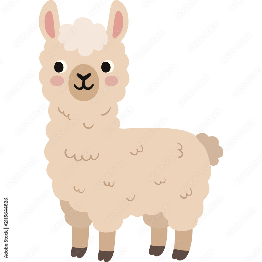 Obraz premium Fluffy Beige Llama with Wool Texture and Pink Cheeks, Hand Drawn Kawaii Alpaca Character Element Decoration, Cute Nursery Cartoon Animal Clipart Illustration