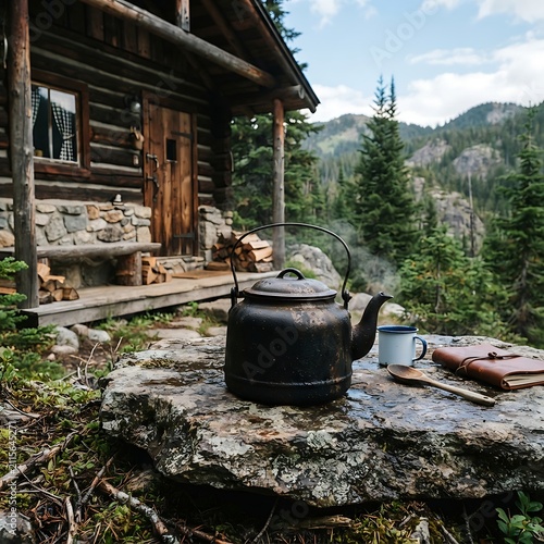 A black metal kettle, a white enamel mug, and a leather journal on a stone surface in front of a rustic log cabin with mountain scenery