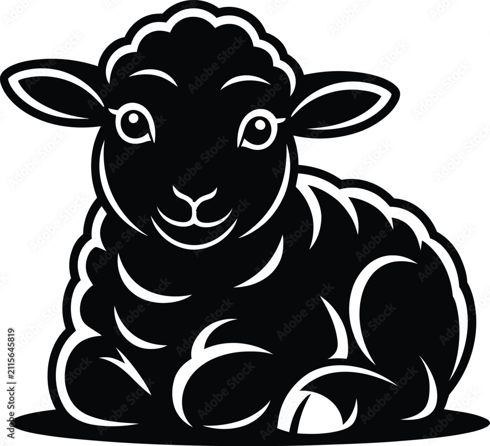 Fototapeta premium Cute lamb illustration, black and white vector style