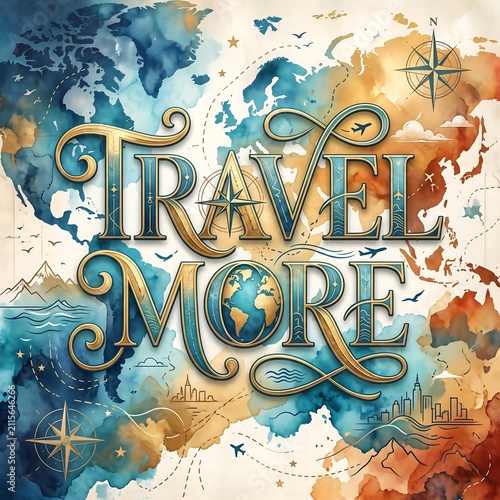Vintage travel more typography artwork with world map, compass, and airplane on watercolor background, inspiring wanderlust