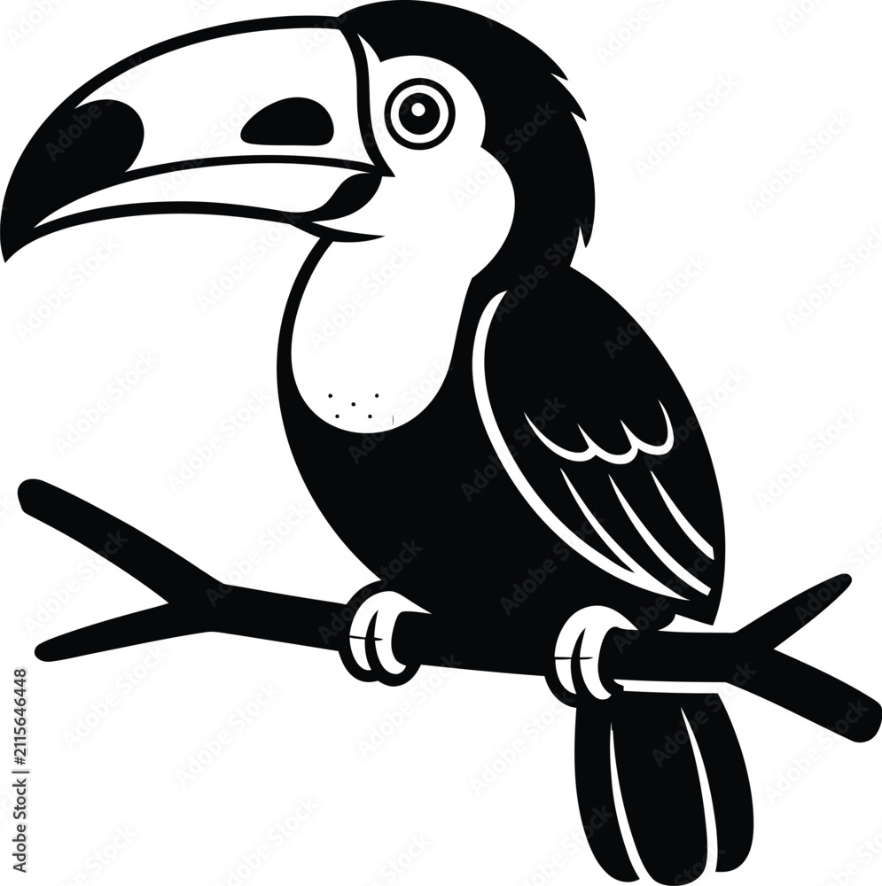 Obraz premium Black and white illustration of a toucan bird perched on a branch