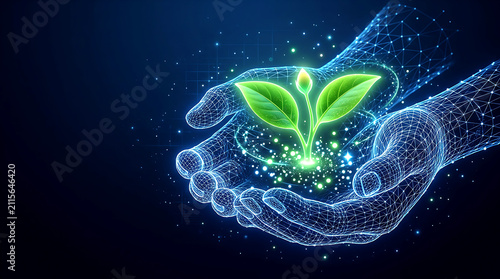 Hands Cradling Glowing Plant 3D wireframe illustration with digital green sprout for environmental protection, eco tech, and sustainability concept
