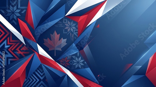 Abstract geometric background with sharp triangular facets in red white and blue featuring subtle maple leaf and snowflake motifs for winter season