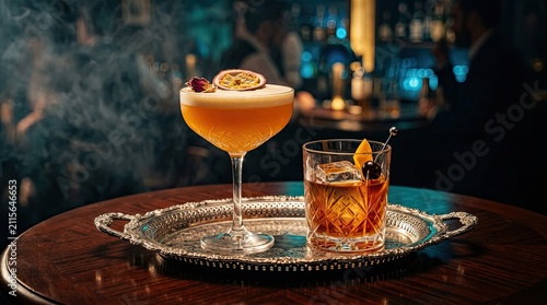 Sophisticated craft cocktails on silver tray, elegant passion fruit martini and old fashioned, moody speakeasy bar atmosphere with smoke