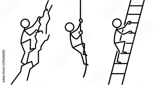 Stick figures climbing various obstacles depicting effort and upward mobility