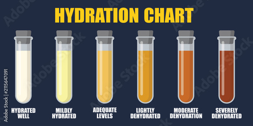 Hydration Chart: A visual guide illustrating different levels of human hydration using colored liquids in test tubes.