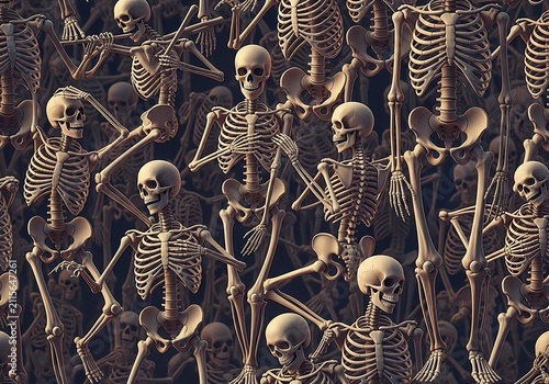 Ethereal Skeletons Dancing in Warm Golden Light, A Haunting Spectacle