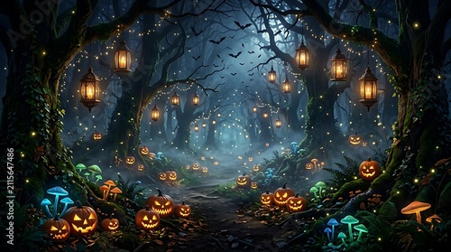 Magical forest trail with hanging lanterns glowing mushrooms and carved pumpkins under moonlit sky for ethereal halloween fantasy and fairy tale landscape background