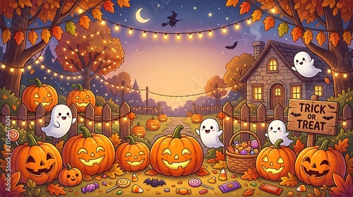 Whimsical cartoon illustration of a cozy cottage at dusk surrounded by jack-o-lanterns ghosts and string lights for a fun and friendly Halloween night scene