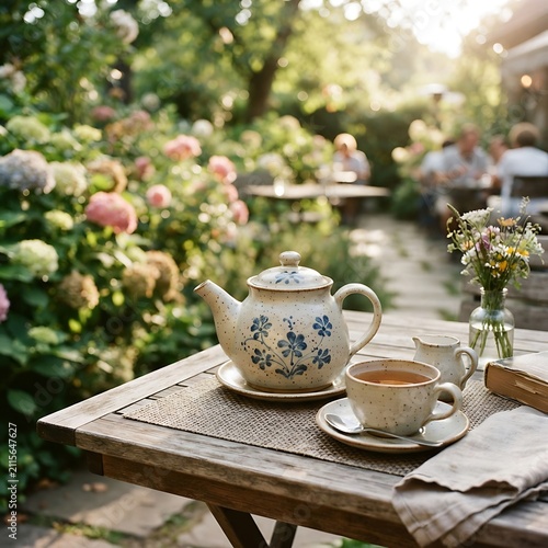 A ceramic teapot and a matching teacup filled with tea sit on a wooden table in a lush garden with blooming hydrangeas and blurred greenery