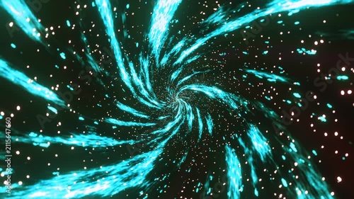 Swirling abstract vortex of glowing cyan energy and white particles rotating into a deep center. 3D rendering