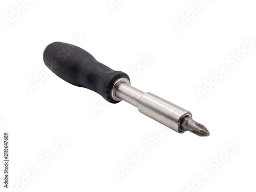 Phillips head screwdriver with black handle metallic shaft on transparent background crosshead