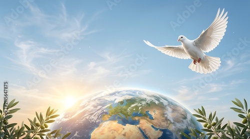White dove flying above planet Earth with green olive branches against clear blue sky at sunrise