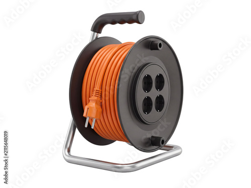 Power cord reel with orange cable and four sockets on transparent background