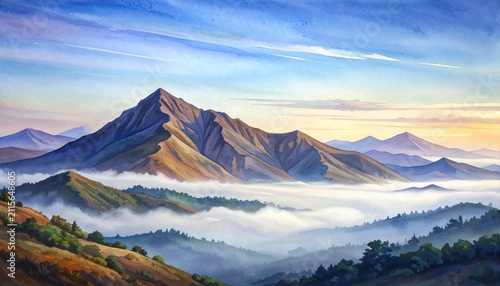 Panoramic Watercolor Landscape Painting Featuring Majestic Mountain Peaks Above a Blanket of Morning Mist