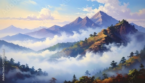 Majestic Mountain Range Shrouded in Morning Mist and Ethereal Clouds Digital Illustration