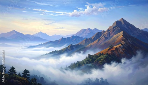 Breathtaking Mountain Range Landscape With Majestic Peaks Rising Above A Thick Layer Of Morning Mist And Clouds In A Serene Golden Hour Atmosphere