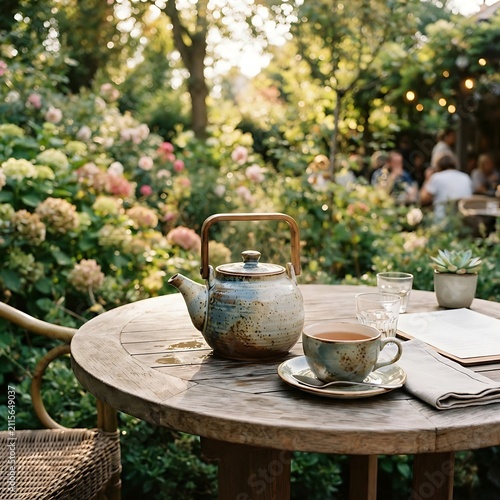 A ceramic teapot and a matching teacup sit on a weathered wooden table in a lush garden filled with blooming hydrangeas during a sunny afternoon