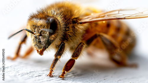 Extreme macro close-up portrait of a honey bee on a textured wooden surface