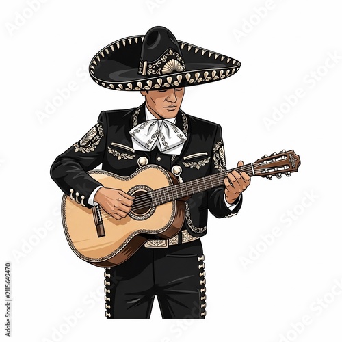Vibrant Mariachi Musician with Guitar: Classic Illustration, Rich Black & Gold.