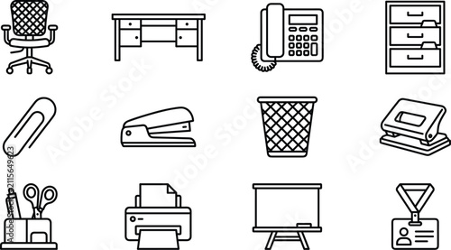 Konstfotografi Office supplies and workplace furniture line icon vector set featuring chair des