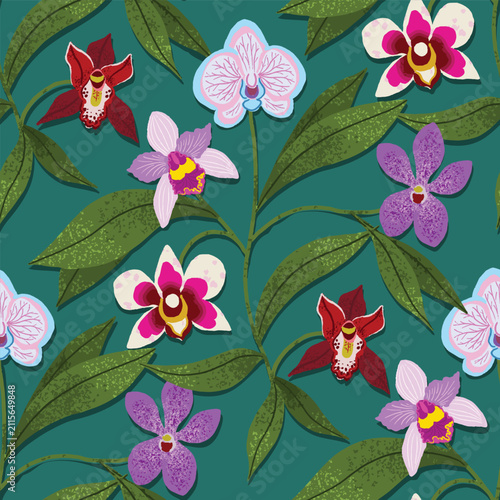 Mix of orchid flowers seamless vector pattern