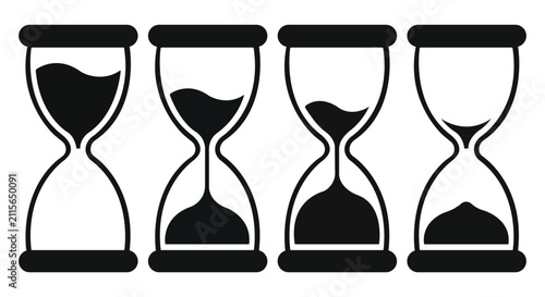Foto Progression of Time: Four hourglasses illustrate the passage of time, each showing a different stage of sand flowing from the top bulb to the bottom, representing the inevitable march forward