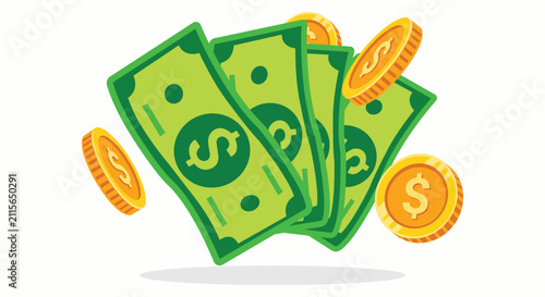 Money Shower: A stylized illustration depicting several US dollar banknotes and gold coins falling, symbolizing wealth and financial prosperity.