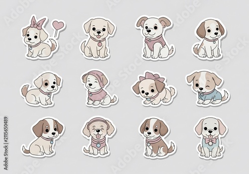 Adorable illustrated puppies in soft pastels, a charming collection of playful pups with sweet expressions.