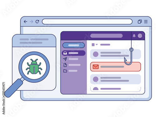 Cybersecurity Threat: A magnifying glass reveals a digital bug, symbolizing a cybersecurity threat targeting online communication within a browser interface, featuring a fishing hook symbol.