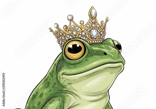 Regal Amphibian: Whimsical illustration of a crowned frog, sparkling jewels, emerald green skin.