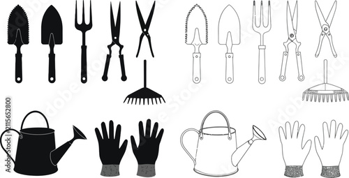 Принти на полотні Garden Tools Silhouette and Outline Set with Watering Can and Gloves for Cultiva
