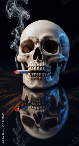 Ethereal Skull with Cigarette Smoke & Reflection: A Hauntingly Realistic 3D Render