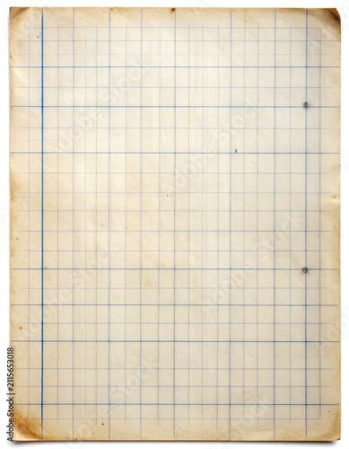 Aged, lined graph paper with faded blue grid, showing wear and stains