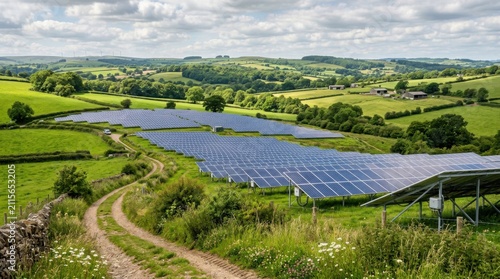 Solar Farm Across Rolling Green Countryside Landscape with Wind Turbines