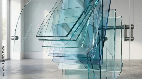 Stacked Teal Glass Panes on Glass Wall Sculpture