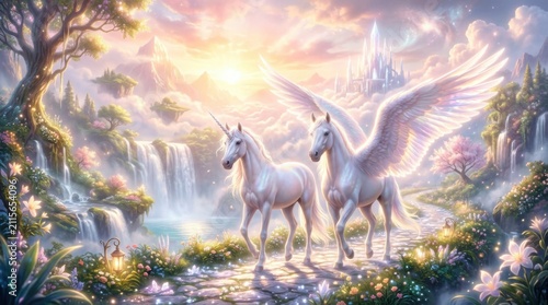 Two White Winged Unicorns on a Misty Path by Waterfalls and Crystal Castle