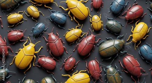 Vibrant, Textured Beetles Swarm: A Rich, Detailed 3D Render