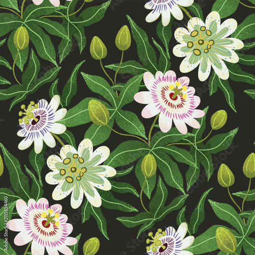 Tropical passion flowers seamless vector pattern