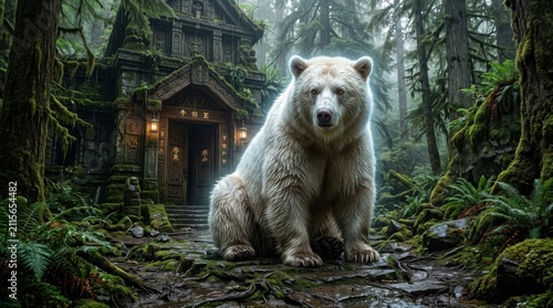 White Polar Bear at Lantern-Lit Mossy Temple Entrance in Misty Forest