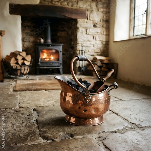 A hammered copper coal bucket with a shovel sitting on a stone floor in front of a burning wood stove in a rustic stone cottage interior