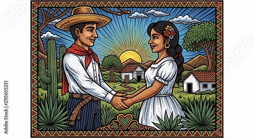 Vibrant Folk Art Love: Couple's Embrace Under Golden Sunrise, Desert Charm